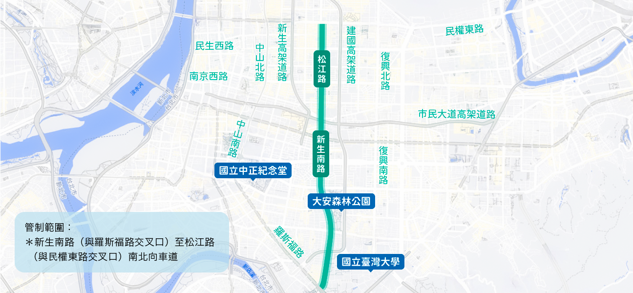 新生南路（與羅斯福路交叉口）至松江路（與民權東路交叉口）南北向車道